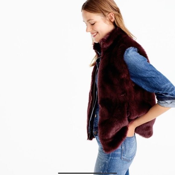 J. Crew Burgundy Faux Fur Vest Full Zip Size Small - Picture 1 of 11